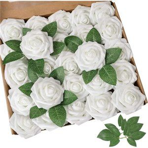 Artificial Flower White Rose 25pcs Real Looking FakeRoses w/Stem for DIY Wedding